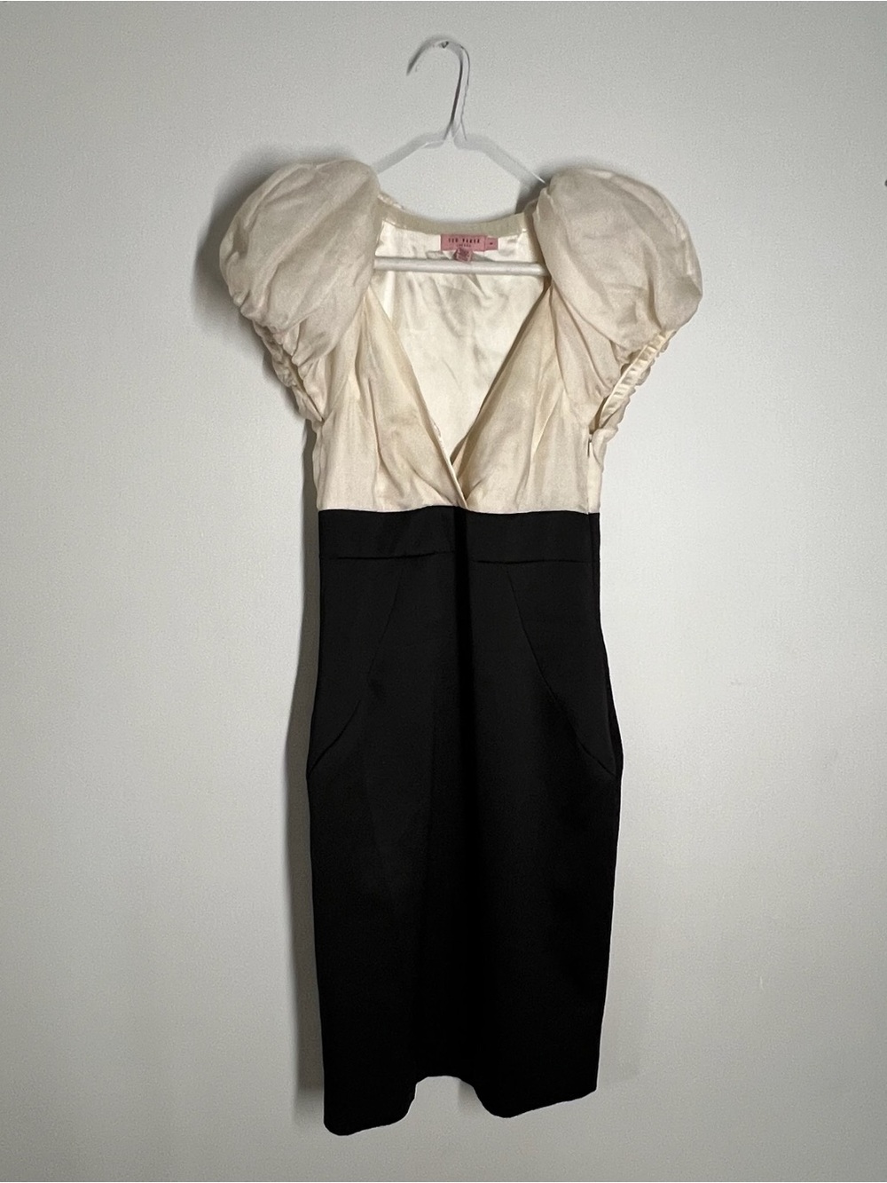 Ted Baker Black & Cream Puff Sleeve Midi Dress